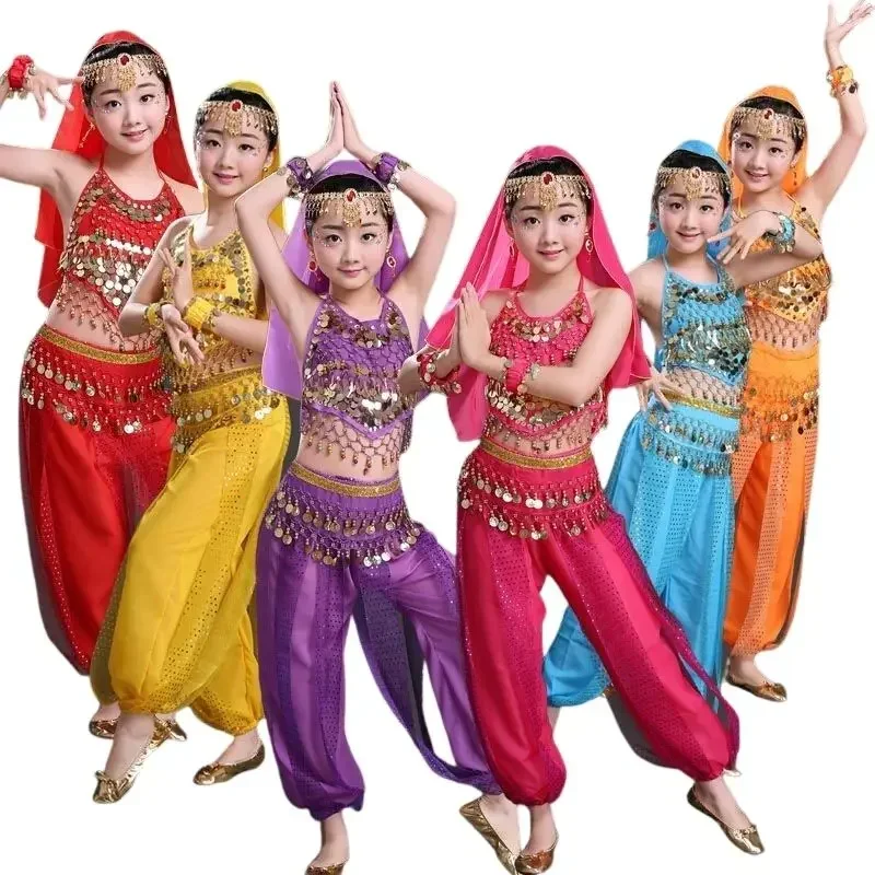 

Stage Chiffon Children Indian Belly Dance Girl Costume Halloween Performance 7pcs Sets Kids Dancing Cloth Outfits