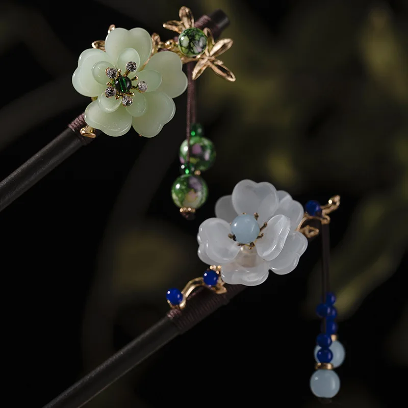 1Pc Wooden Hairpin Headwear for Women'S Chinese Style Flower Tassel Hair Sticks Headdress Elegant Hair Styling Accessories Gifts image 2
