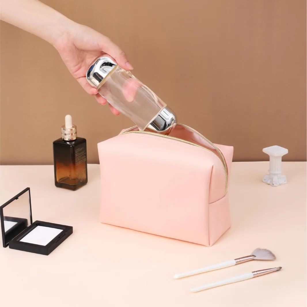 Bolsa de maquiagem feminina de grande capacidade, organizador de cosméticos de couro PU, bolsa de higiene pessoal de viagem à prova d'água com alça portátil para mulheres