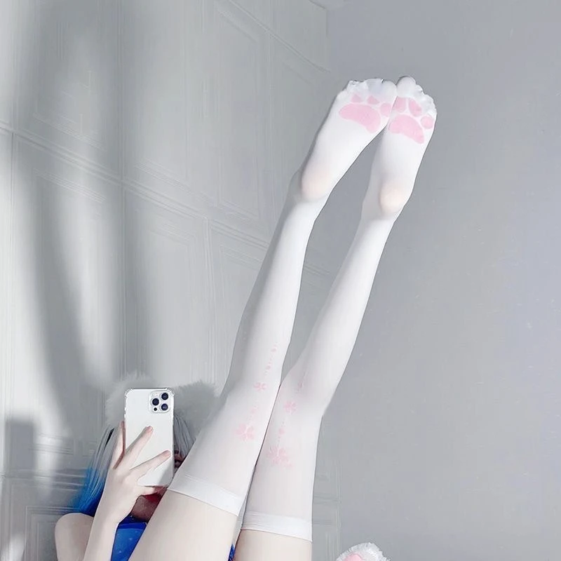 Branco impresso gato pata meias, Japonês bonito pé impressões meias, Lolita joelho alta veludo coxa meias, Cos doce Sakura meias