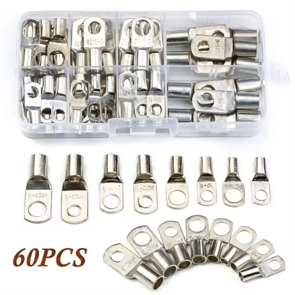 60Pcs SC Type Wire Nose Terminal Crimp Tinned Copper SC16-6 SC25-6 SC35-6 Cable Connector Kit Bolt Hole 16-35mm2 Lugs Ring