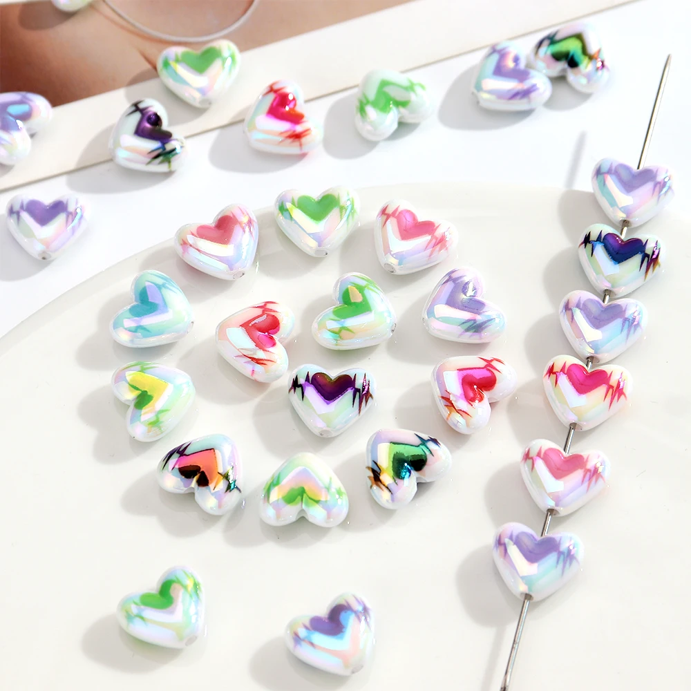 Iridescent Heart Beads 3D Puffy Love Heart Beads AB Color Rainbow Acrylic Beads for DIY Jewelry Making Bracelet Necklace
