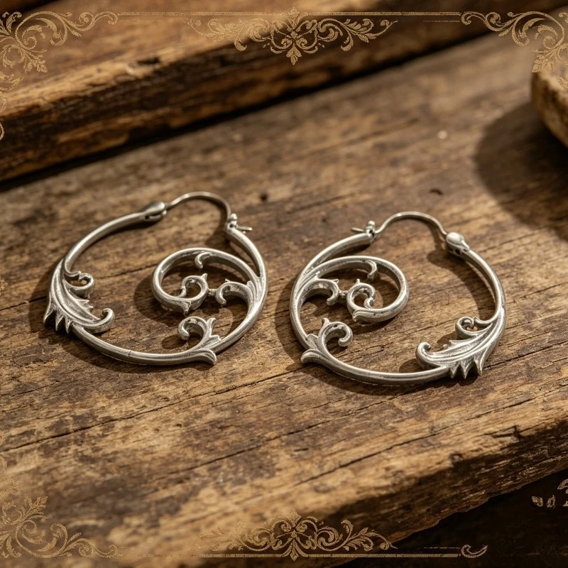 1Pair of Vintage Design Geometric Metal Hand-carved Floral Leaf Women's Earrings Creative Metal Silver Color Earrings Jewelry