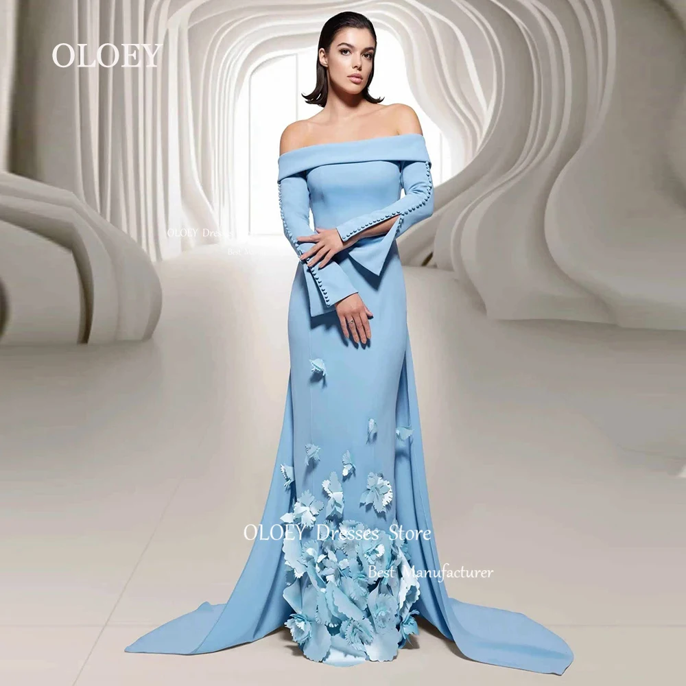 

OLOEY Elegant Blue Evening Dresses 3d Appliques Wedding Party Dresses Off Shoulder Floor-Length Modeart Prom Gowns Custom Made