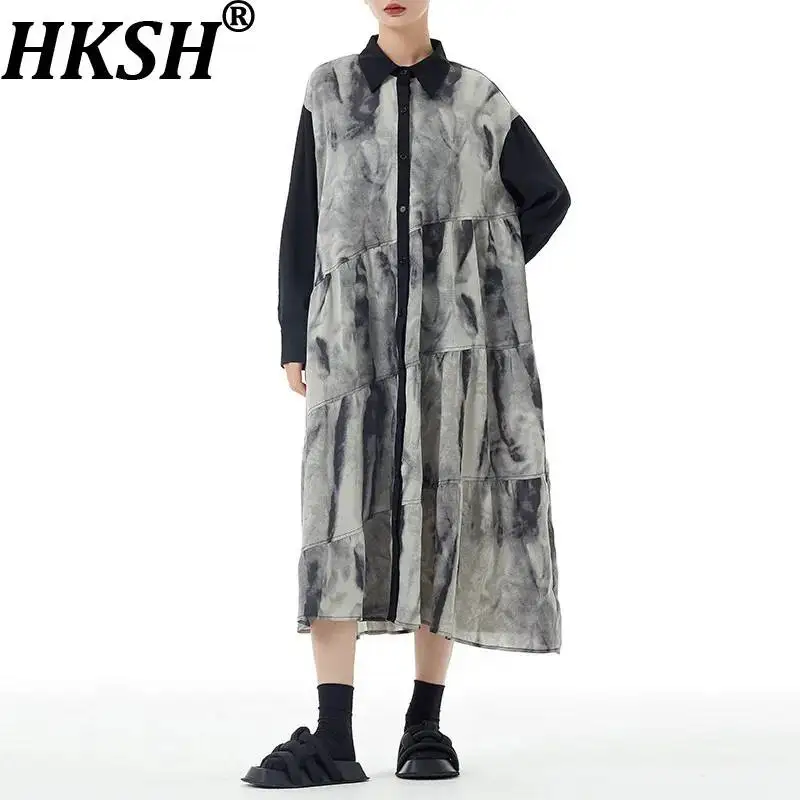

HKSH Women Oversized Dress Printed Turn-down Collar Single Breasted Long Sleeve Ruffled Ins Casual Dresses Spring Summer HK22991