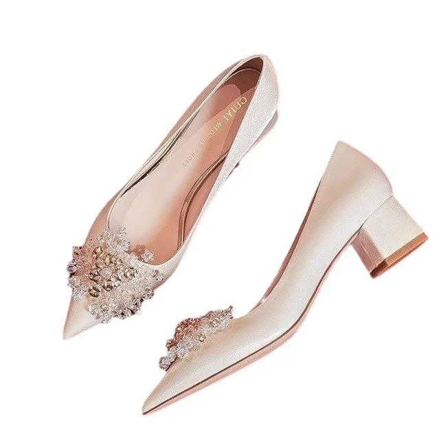 Bride shoes 2024 new beige stiletto heels summer women not tired feet Chinese Wo dress wedding shoes