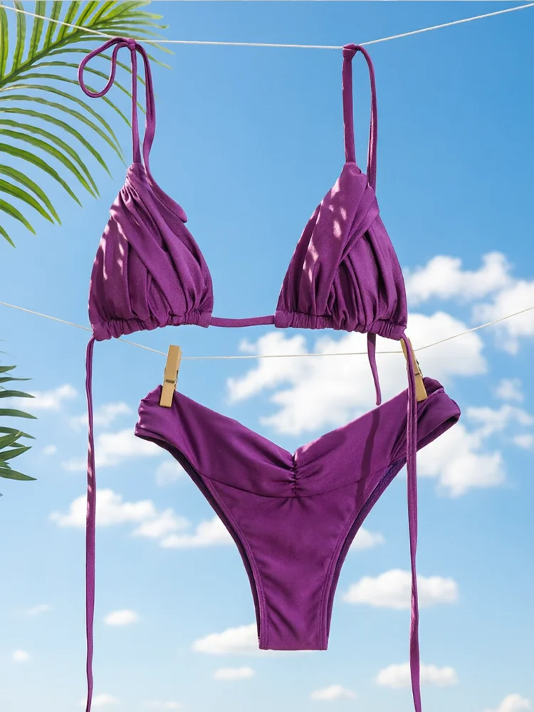 Rinabe Halter Bikini High Cut Bikinis Purple Swimsuit Triangle Swimwear String Swimsuits Two-Piece Bathing Suit Summer Beachwear
