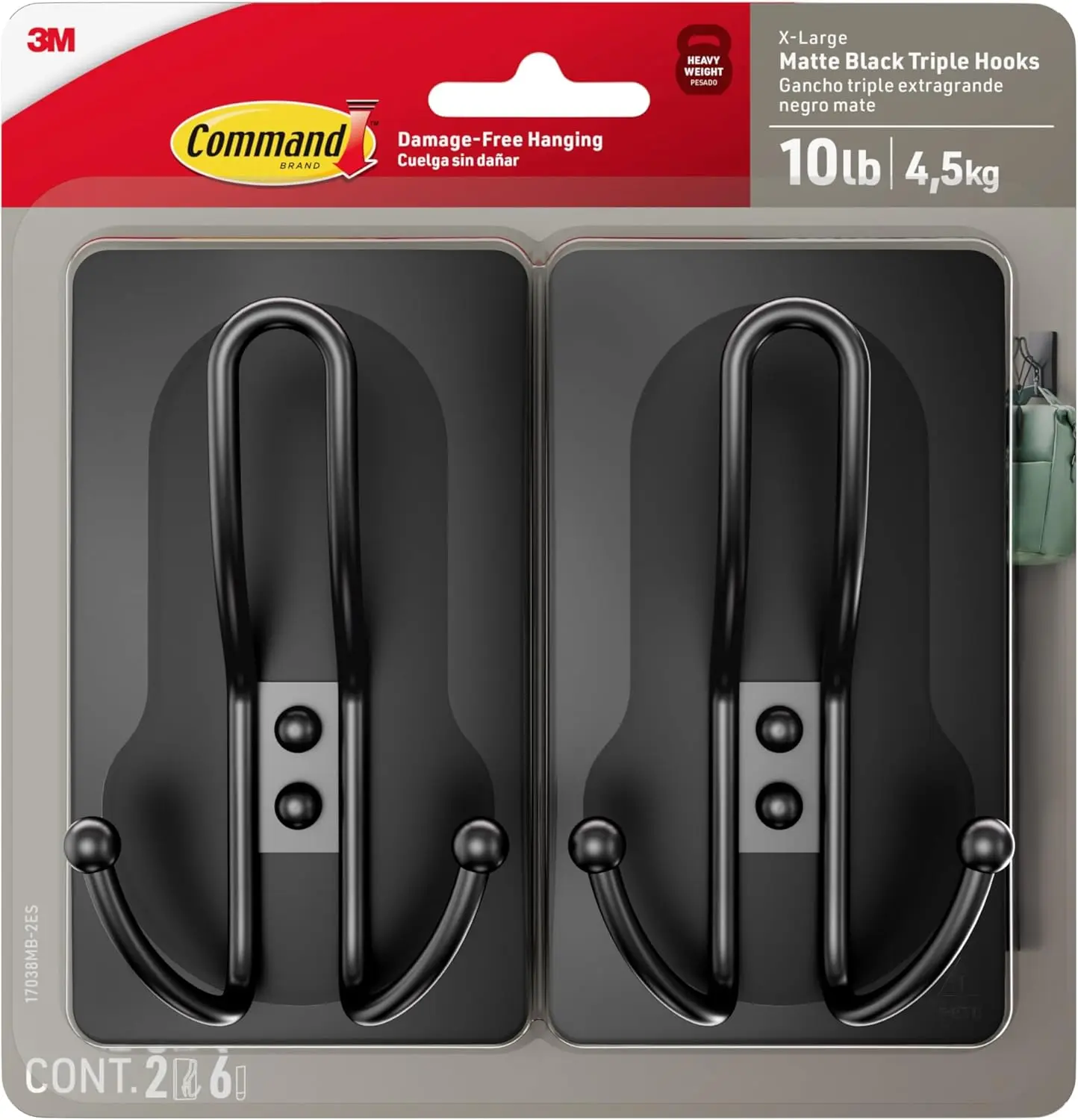 

Матовый черный тройной крючок, 2 крючка, 6 полосок, настенное крепление без повреждений для декораций в жилых помещениях