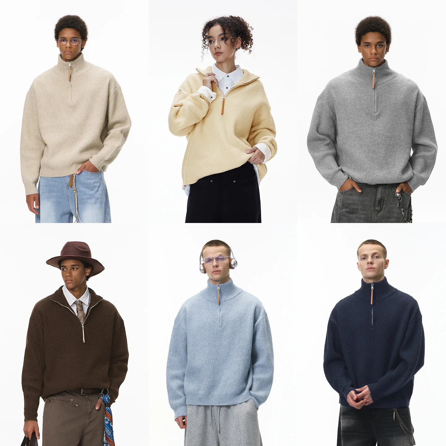 メンズ ハーフジップ タートルネック セーター レトロ ストリートスタイル プルオーバー リラックスフィット ニットトップ