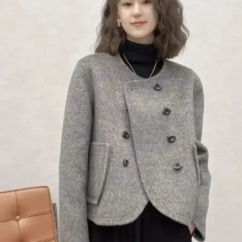여성용 그레이 숏 양면 캐시미어 코트, 고급 한국 용수철, 작은 향기 바람 울 코트, 가을 패션, 신상
