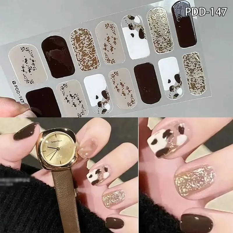 Auto-adesivo Glitter Full Cover Charme Nail Adesivos, Trendy Semi Curado, Envoltórios, Nail Art Paper Decoração, 14 Tiras