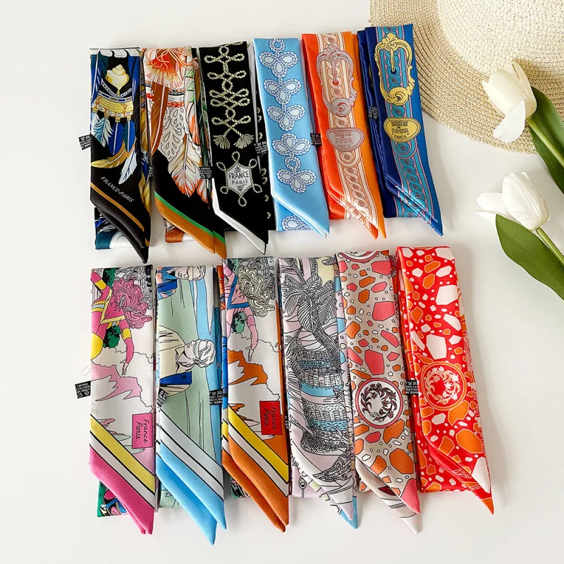 

Satin Twill Print Narrow Ribbon Scarf Luxury Thin Flower Hair Neck Wrap Long Hair Bow Tie Versatile Bag Decoration For Women