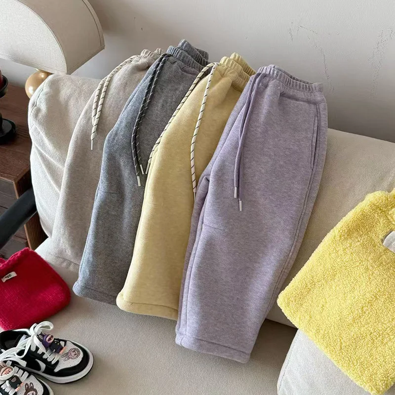 

2025 Winter New Hot Selling Thick Velvet Children's Solid Color Elastic Waist Strap Pants