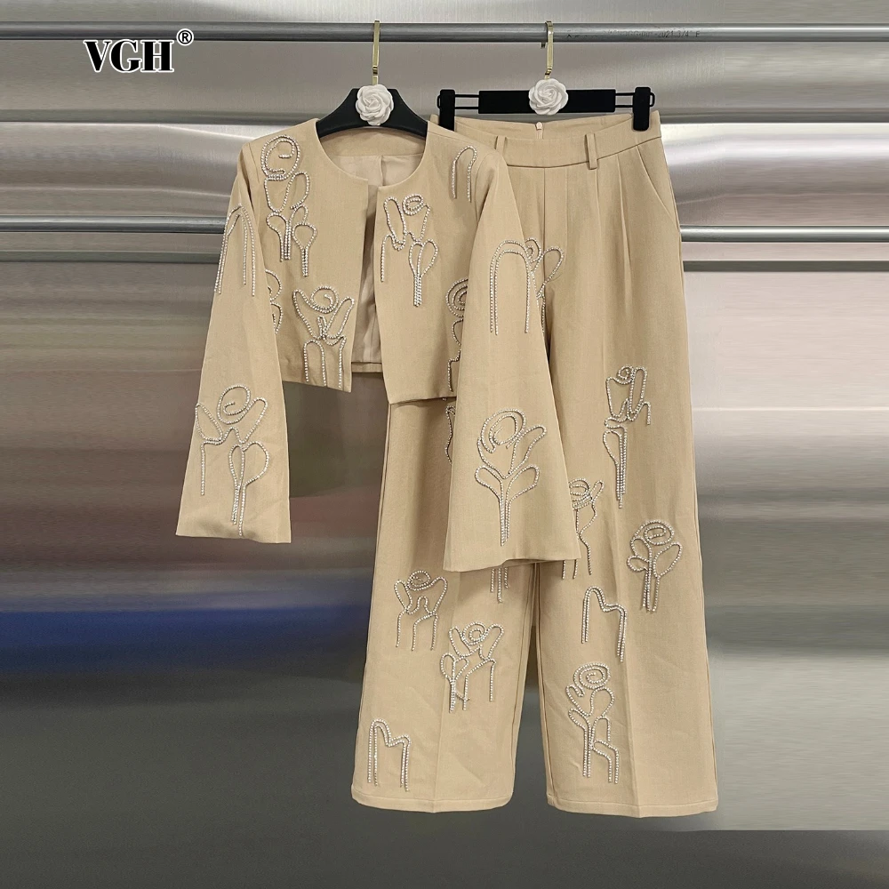 

VGH 3D Embroidery Decoration Khaki Suit for Women O Neck Flare Sleeve Jacket High Waist Wide Leg Trousers Two Piece Set Female