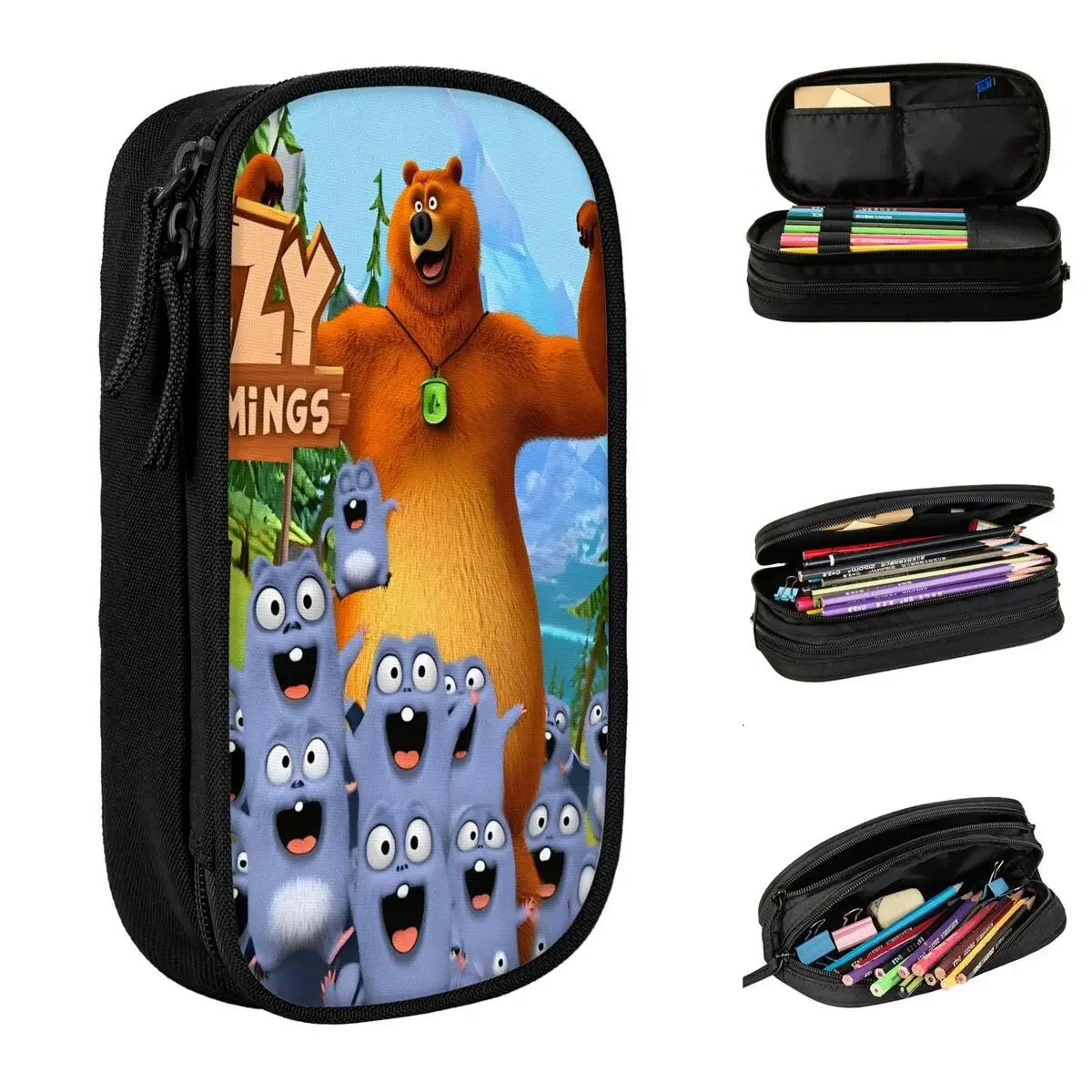 Fashion GRIZZY AND THE LEMMINGS Pencil Case Cartoon Bear Pencilcases Pen Holder Kids Bag Students School Gifts Stationery