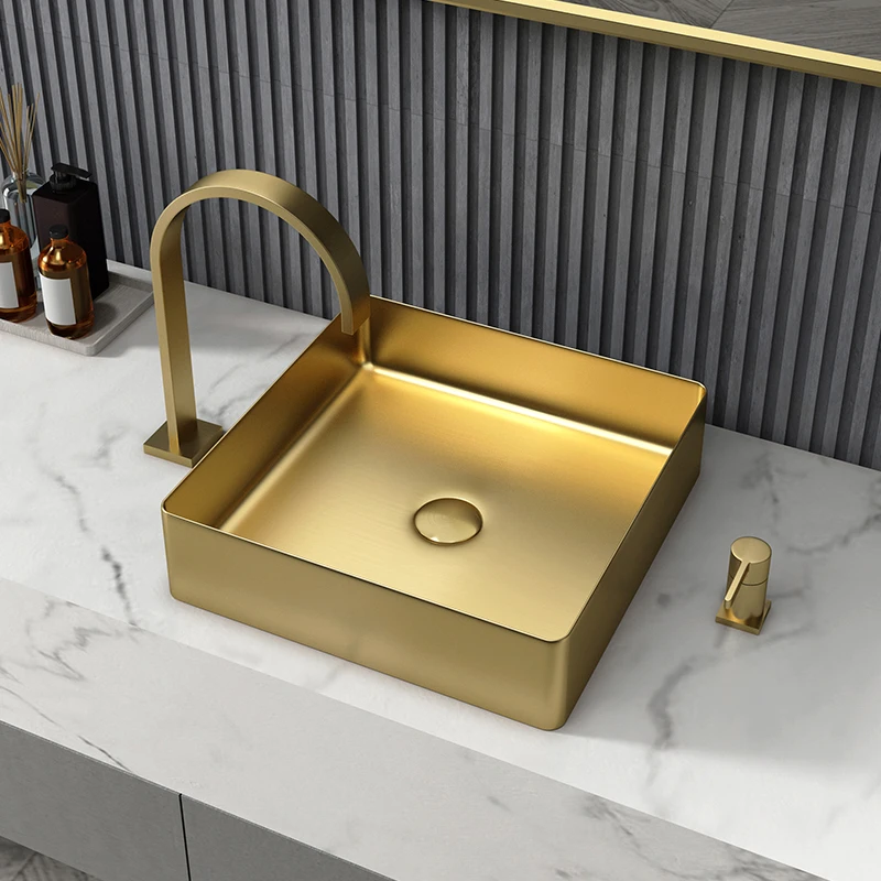 

Golden square stainless steel countertop basin single basin Nordic light luxury style wash basin washbasin