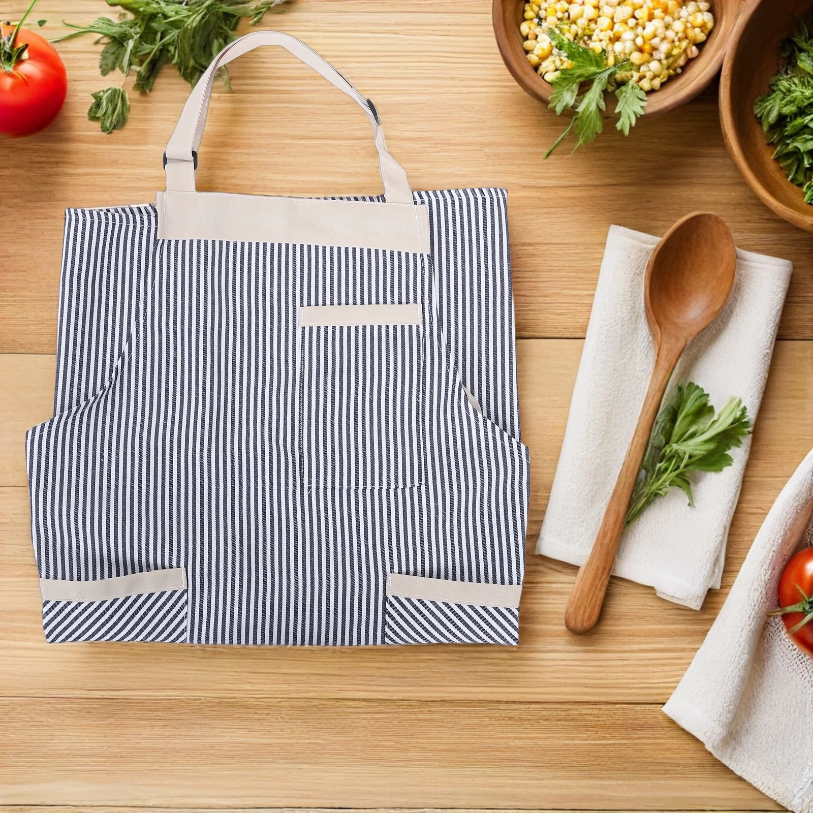 

2Pcs Adjustable Striped Cooking Apron Breathable Oil Resistant Unisex Kitchen Aprons Pockets for Baking Crafting Gardening