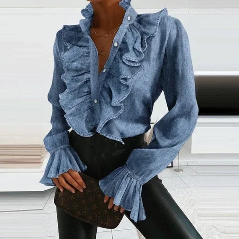 Women Lace Blouse Long Sleeve Loose Chiffon Shirts V Neck Sexy Pleated Top