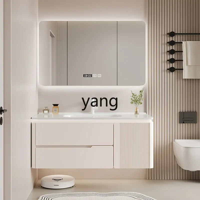 

LH cream wind oak ceramic integrated basin rounded corner bathroom cabinet combination washstand