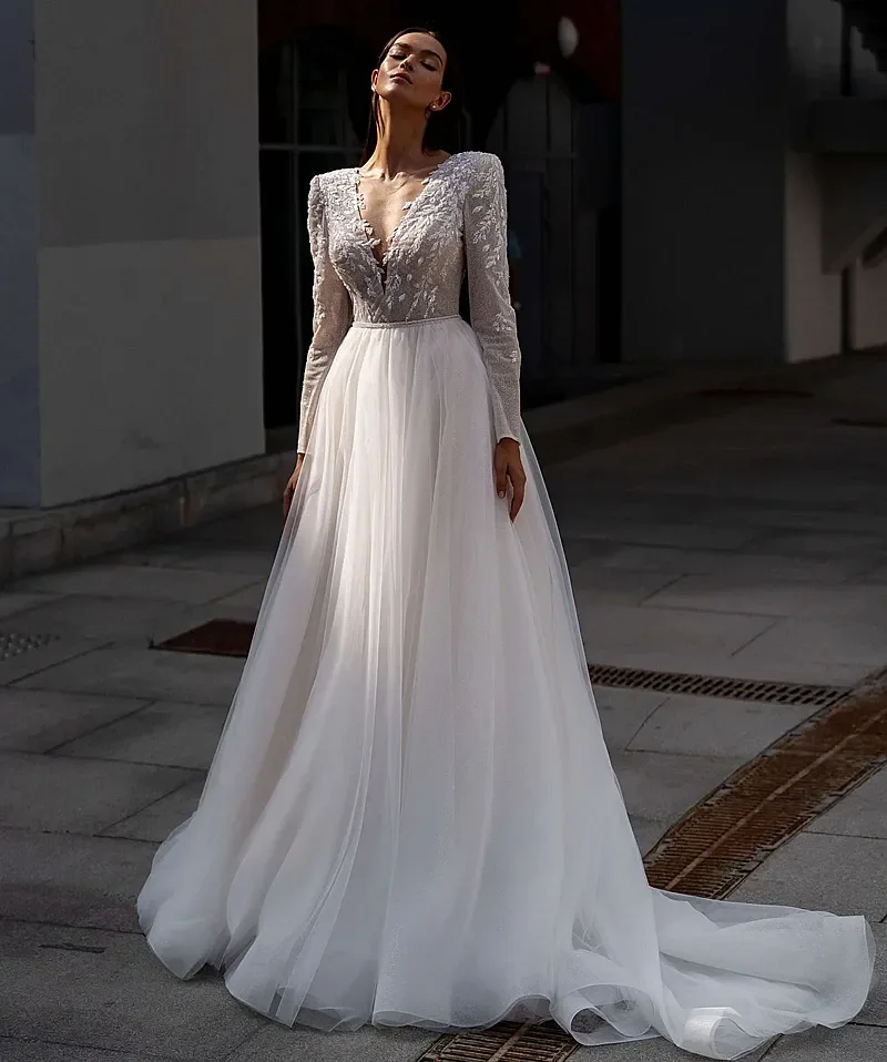 A-line Wedding Dress Lace Decal Long Sleeved White Chiffon Bridal Gown Transparent Phantom Back Sexy Bridal Gown Customized