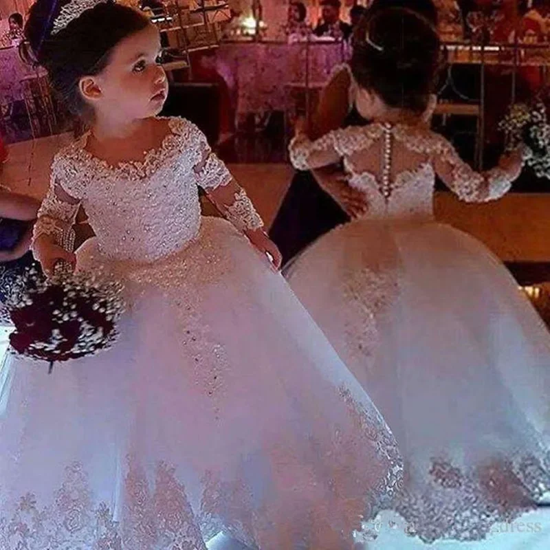 

JDY Custom Made Wedding Flower Girl Dress Tulle Princess Lace Sleeves Sacred First Communion Party Pageant Gown For Girls