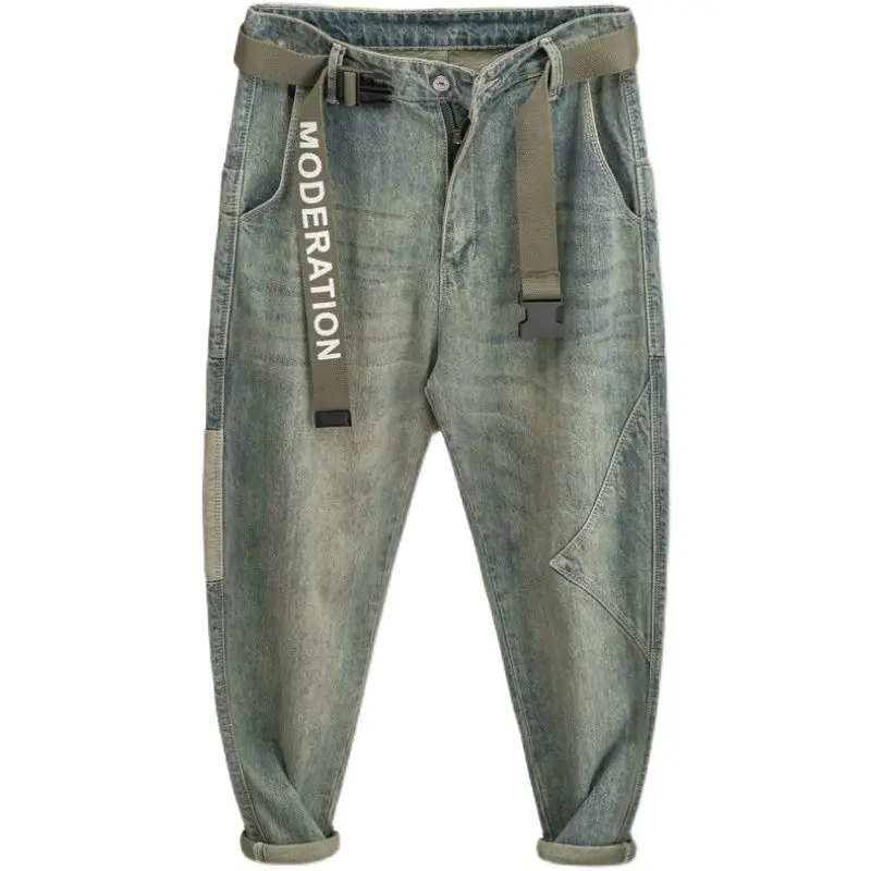 2025 jeans masculino marca na moda lavado retro nostálgico solto casual primavera e outono emenda plus size 42 calças harlan de cintura baixa