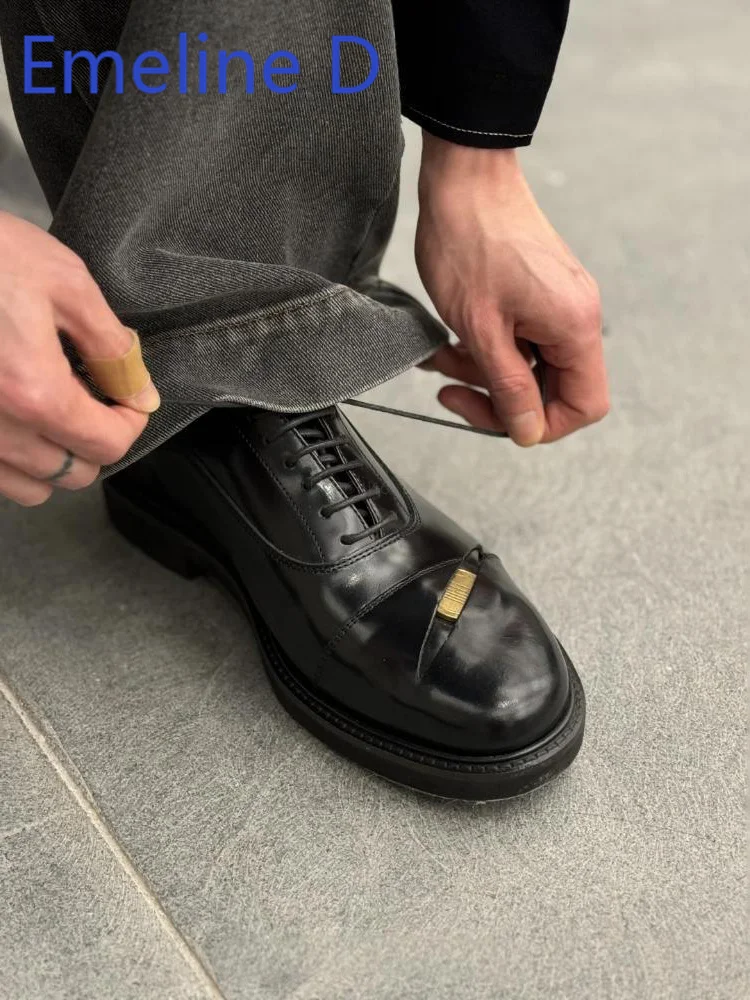 

Unisex Lace Up Retro Derby Shoes Thick Soled Business Dress Shiny Leather Oxford Shoes Black Height Increasing Casual Shoes