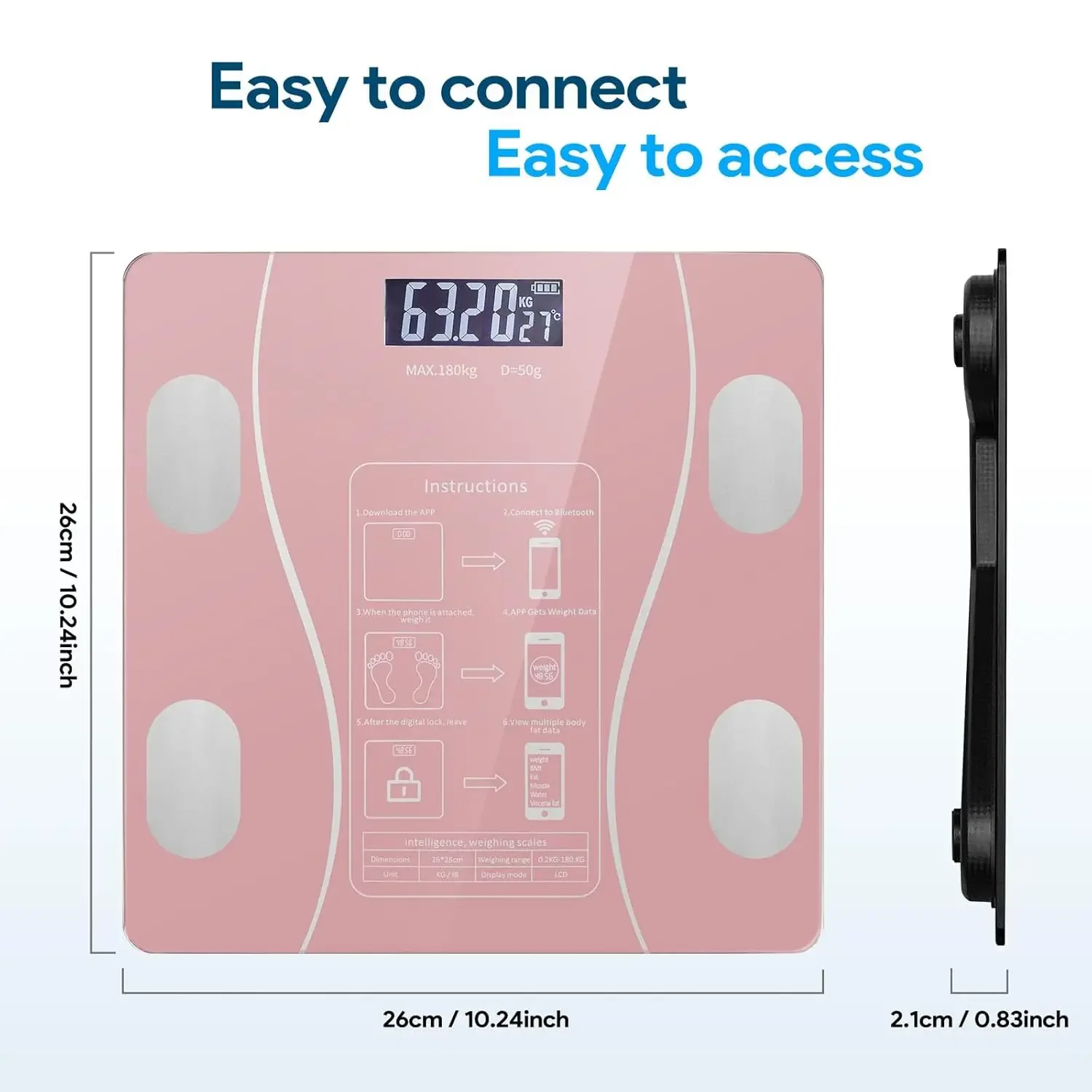 Digital Simple and Practical Body Fat Scale with Smartphone App, Bathroom Scale with Led Display, Provides Body