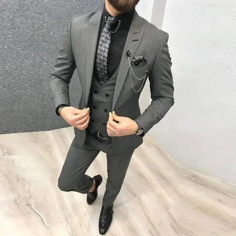 

Men Suit 3 Pieces Gray Solid With Lapel Fit Business Party Wedding Banquet Ceremonial Tuxedo Set Jacket Vest With Pants ﻿