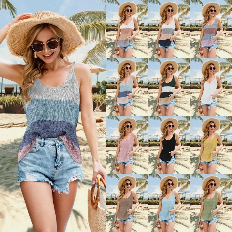 2024 Spring/Summer New Fashion Ice Silk Round Neck Sling Top Colored Fashion Small Tank Top for Women SFC35-4