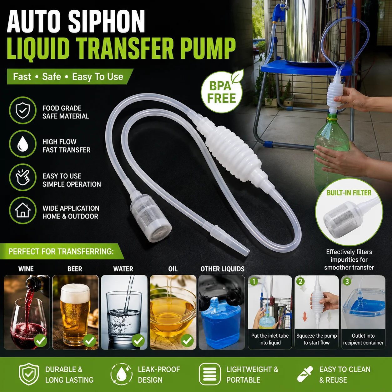 Home Brewing Auto Siphon Pump Wine Beer Transfer Hose with Food Grade Filter Fermentation Equipment