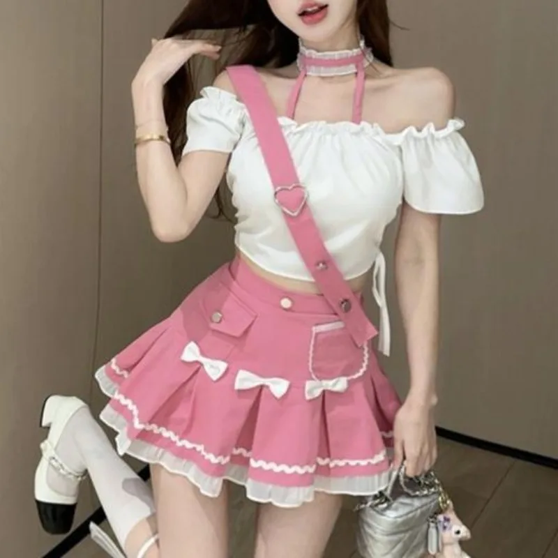 Sweet Cool Spice Girl Sexy 2 Piece Sets Hanging Neck Strapless Drawstring Top Strap Ruffled Butterfly Short Skirt Suit Female