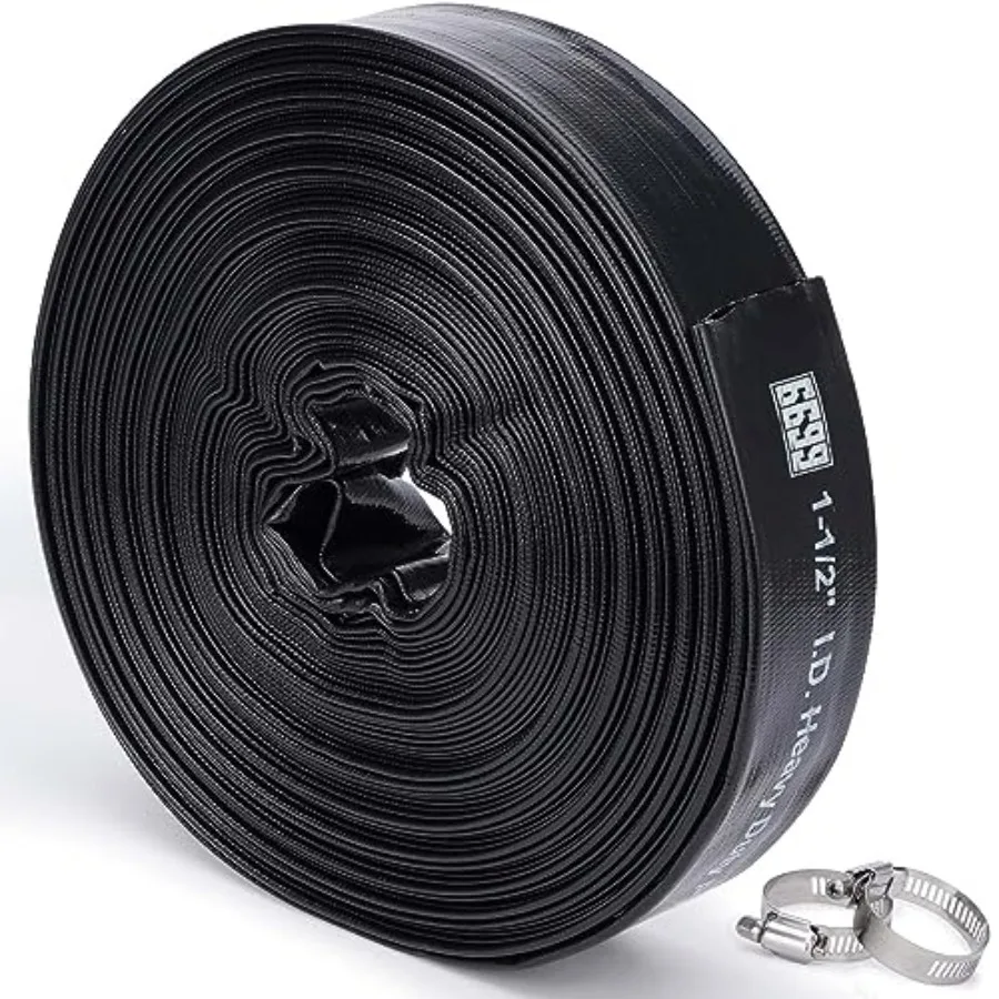 

1.5-Inch x 100-Foot Lay Flat Discharge Hose for Sump Pump with 2pcs SUS 304 Clamps in Black for Pool Backwash and Water Removal