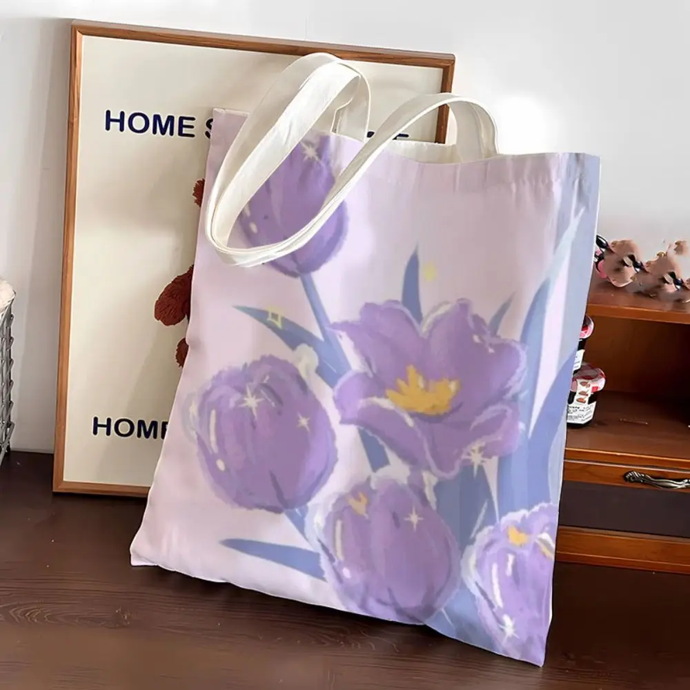 Small Fresh Ins Floral Handbag Large Capacity Women's Bag High-grade Canvas Bag Purple flowers Handbag Canvas Bag Shopping Bags