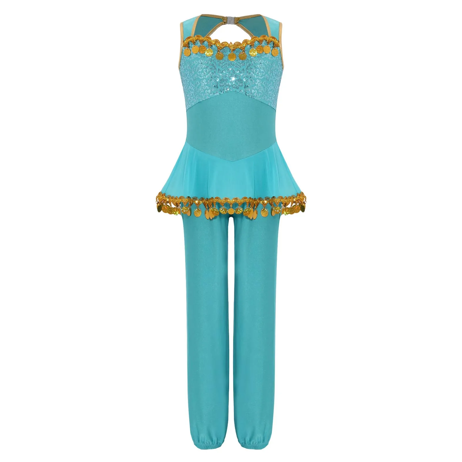 Kids Girls Halloween Carnival Arabian Princess Costume Sleeveless Shiny Sequin Tassel Mesh Jumpsuit Indian Belly Dance Bodysuit