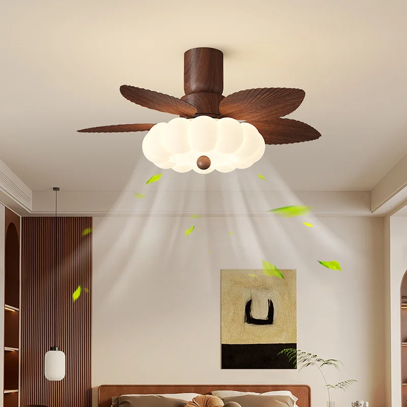 Middle Aged Cream Style Restaurant Ceiling Fan Lights Retro and Simple Creative Pumpkin Bedroom High Wind LED Ceiling Fan Lamps