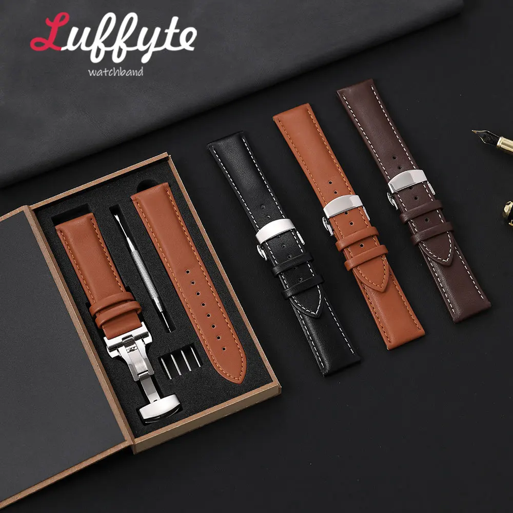 Men Soft PU Leather Watch Band 18mm 20mm 22mm 24mm with Butterfly Buckle Gift Packing Box Business Style Replacement Strap