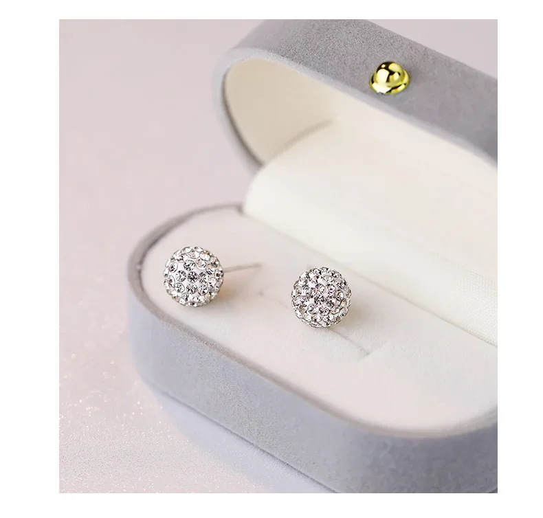 925 Sterling Silver Jewelry Woman Earring Stud Shambhala Ball White Shiny Crystal Trendy Classic Fit Office Lady New 1pair