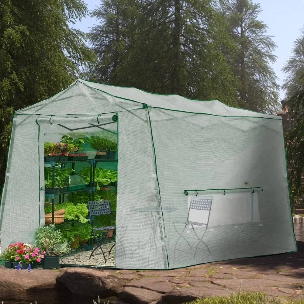 Walk-in Greenhouse 8.5 Ft x 7 Ft Pop-up Outdoor Green House Plant Gardening Canopy, Roll-up Zipper Entry Doors and 3 Large Roll-