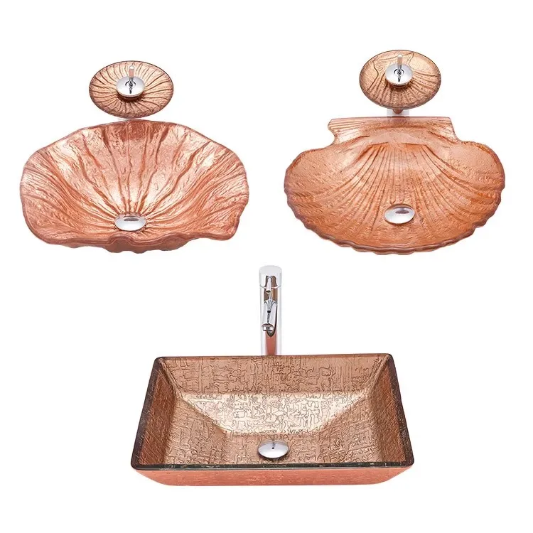 

Top Quality Artistic Wash basin Set Toughened glass Washbasin set Coral color hand basin + Waterfall Brass faucet,Shell shaped