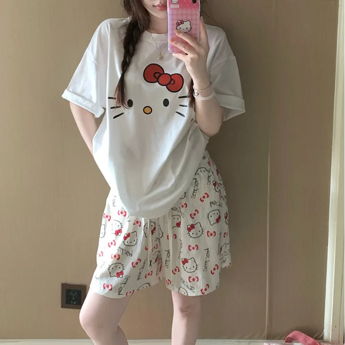 

Hello Kitty Printed Pajamas Women's Summer Cotton Cartoon Short Sleeve Shorts Loungewear Set Girl's Clothes Student's Clothes