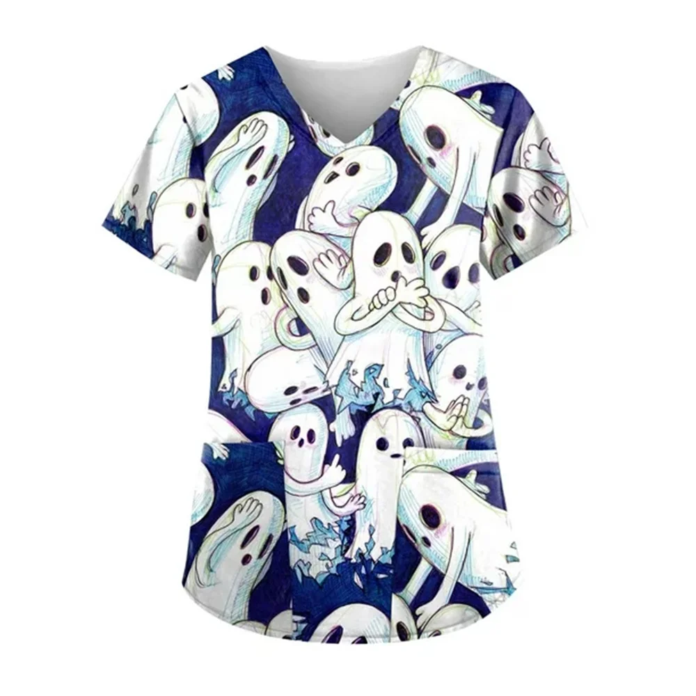 V-neck Working Hospital Uniform Halloween Surgical Shirt Print Plus Size Nurse Medical Uniform Scrub Tops Women Pumpkin Blouse
