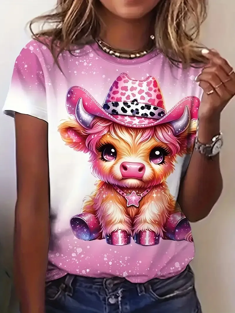 

Funny women's pink leopard print cute cow pattern printed women's T-shirt fashion summer casual daily oversized women's clothing