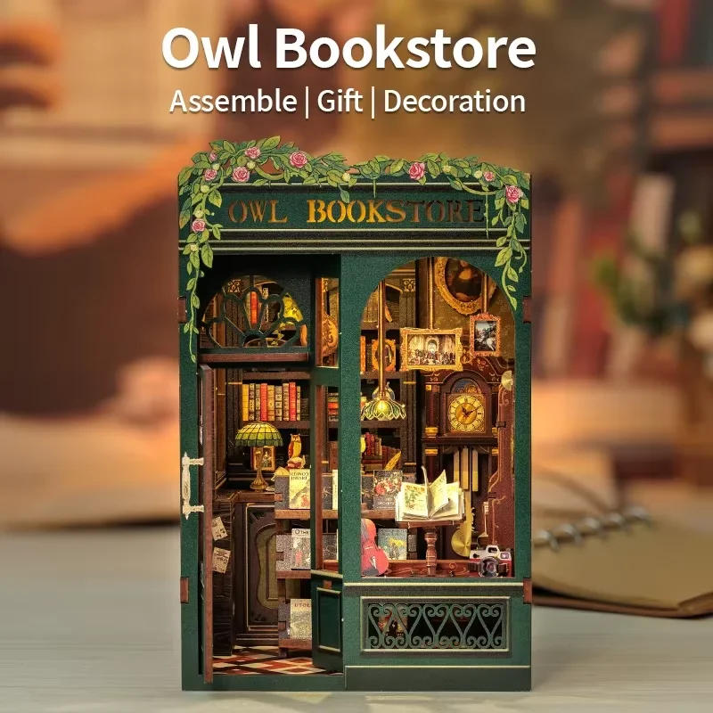 CUTEBEE DIY Book Nook Kit Miniaturowy drewniany domek dla lalek z oświetleniem Półka na książki Wkładka 3D Puzzle Dekor Model na prezenty Sowa Księgarnia