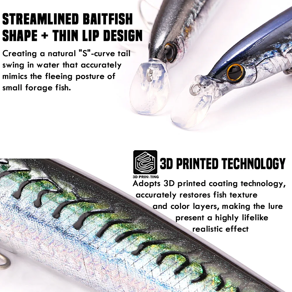 B&U Long Casting Floating Minnow Lure - 3D Lifelike Hard Bait with Treble Hooks, Saltwater/Freshwater Lures for Bass SeaBass image 5
