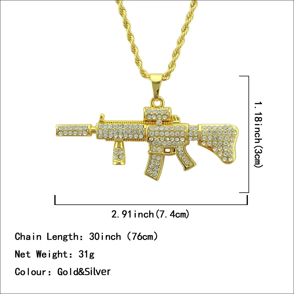 Punk M416 Assault Rifle Inlaid Zircon Pendant Necklace for Men Hip Hop Rock Trend Cool Jewelry Boy Gift