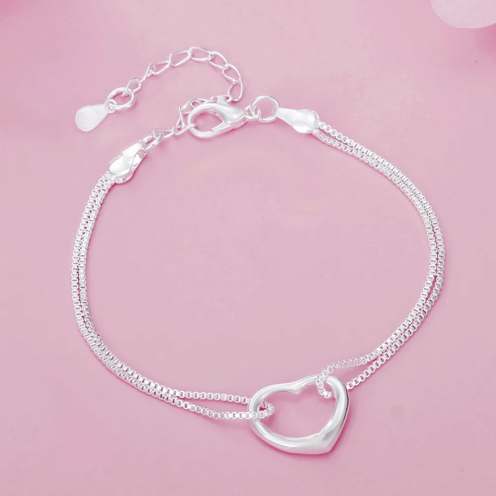 925 Sterling Silver 8-Inch Box Chain with Simple Heart Pendant: Fashion Bracelet for Women, Charm, Wedding Gift, Jewelry
