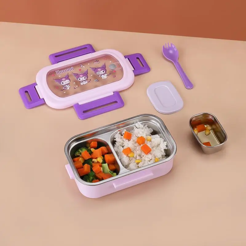 핫한 산리오 헬로키티 학생 도시락 귀여운 애니메이션 휴대용 만화 물 주입식 열분리 식기 세트 수프 그릇 포함