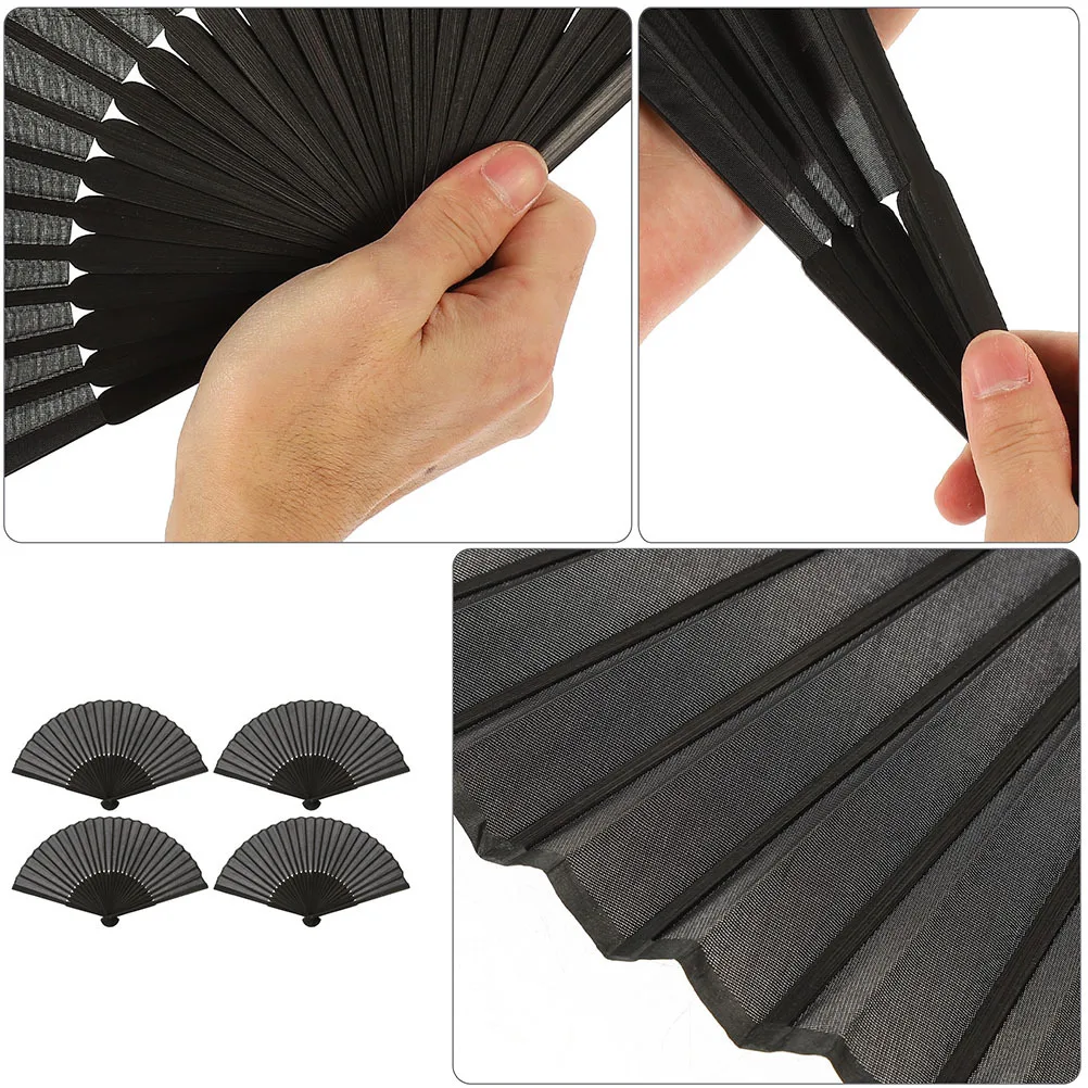 

4Pcs Vintage Bamboo Cloth Folding Fans Black Elegant Handheld Fan Summer Cooling Dancing Fan Stage Photography Prop