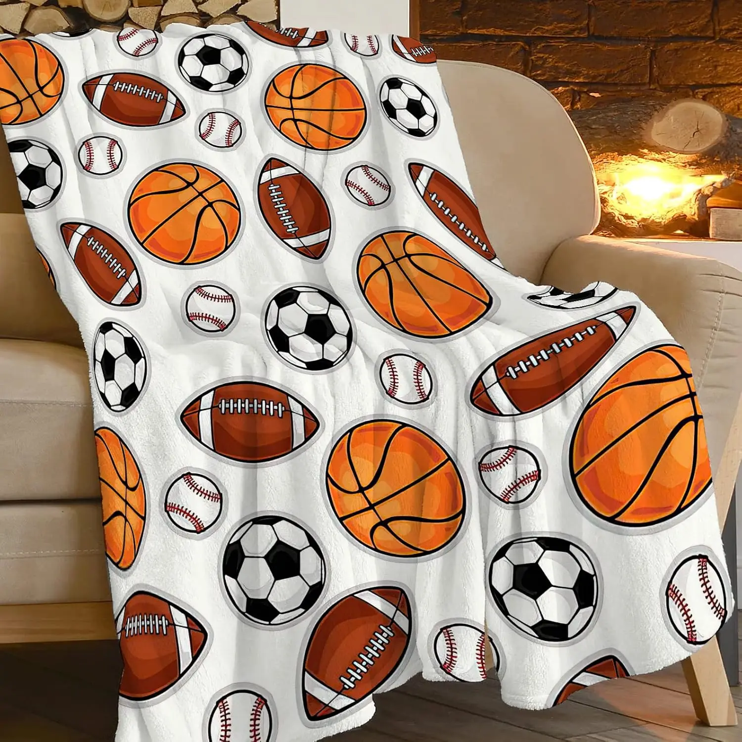 Multi Sport Throw Blanket Game Day Decor for Sofa Couch Football Basketball Baseball Soccer Athletic Theme Cozy Indoor Throw